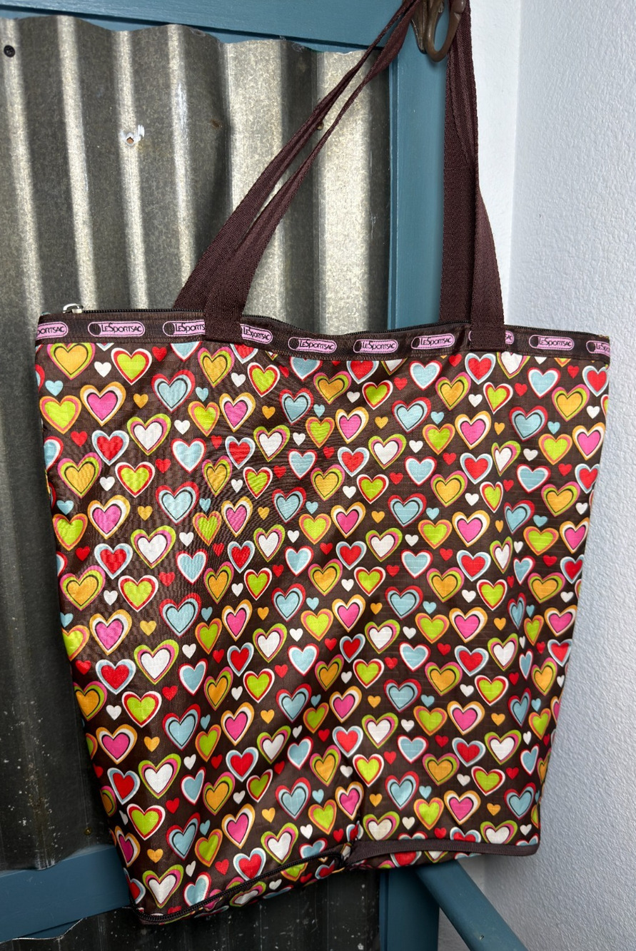 VTG LeSportSac Foldable Tote Brown Hearts Lightweight Bag Shopper Made in USA